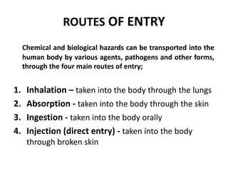 ROUTES OF ENTRY
Chemical and biological hazards can be transported into the
human body by various agents, pathogens and other forms,
through the four main routes of entry;
1. Inhalation – taken into the body through the lungs
2. Absorption - taken into the body through the skin
3. Ingestion - taken into the body orally
4. Injection (direct entry) - taken into the body
through broken skin
 