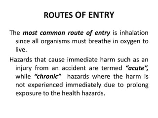 ROUTES OF ENTRY
The most common route of entry is inhalation
since all organisms must breathe in oxygen to
live.
Hazards that cause immediate harm such as an
injury from an accident are termed “acute”,
while “chronic” hazards where the harm is
not experienced immediately due to prolong
exposure to the health hazards.
 