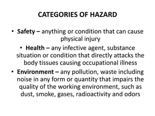 CATEGORIES OF HAZARD
• Safety – anything or condition that can cause
physical injury
• Health – any infective agent, substance
situation or condition that directly attacks the
body tissues causing occupational illness
• Environment – any pollution, waste including
noise in any form or quantity that impairs the
quality of the working environment, such as
dust, smoke, gases, radioactivity and odors
 