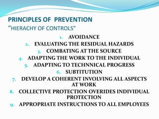PRINCIPLES OF PREVENTION
“HIERACHY OF CONTROLS”
1. AVOIDANCE
2. EVALUATING THE RESIDUAL HAZARDS
3. COMBATING AT THE SOURCE
4. ADAPTING THE WORK TO THE INDIVIDUAL
5. ADAPTING TO TECHNNICAL PROGRESS
6. SUBTITUTION
7. DEVELOP A COHERENT INVOLVING ALL ASPECTS
AT WORK
8. COLLECTIVE PROTECTION OVERIDES INDIVIDUAL
PROTECTION
9. APPROPRIATE INSTRUCTIONS TO ALL EMPLOYEES
 