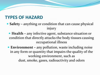 TYPES OF HAZARD
 Safety – anything or condition that can cause physical
injury
 Health – any infective agent, substance situation or
condition that directly attacks the body tissues causing
occupational illness
 Environment – any pollution, waste including noise
in any form or quantity that impairs the quality of the
working environment, such as
dust, smoke, gases, radioactivity and odors
 