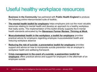 Useful healthy workplace resources
Business in the Community has partnered with Public Health England to produce
the following online interconnected suite of toolkits:
• The mental health toolkit for employers helps employers pick out the most valuable
resources relating to mental health and develop an approach to a healthy workplace
that really works. The implementation of this toolkit directly supports the 6 mental
health standards advocated by the Stevenson Farmer Review: Thriving at Work
• Musculoskeletal health in the workplace: a toolkit for employers provides
practical advice for employers regarding employee musculoskeletal health and
reducing workplace absence
• Reducing the risk of suicide: a preventative toolkit for employers provides
support and advice on how to incorporate suicide prevention into an employer’s
workplace health and wellbeing framework
• Crisis management in the event of a suicide: a postvention toolkit for
employers offers practical advice and support for employers in the aftermath of an
employee suicide
11 Local Knowledge and Intelligence Service (London) and PHE London – January 2018
 