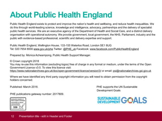 About Public Health England
Public Health England exists to protect and improve the nation’s health and wellbeing, and reduce health inequalities. We
do this through world-leading science, knowledge and intelligence, advocacy, partnerships and the delivery of specialist
public health services. We are an executive agency of the Department of Health and Social Care, and a distinct delivery
organisation with operational autonomy. We provide government, local government, the NHS, Parliament, industry and the
public with evidence-based professional, scientific and delivery expertise and support.
Public Health England, Wellington House, 133-155 Waterloo Road, London SE1 8UG
Tel: 020 7654 8000 www.gov.uk/phe Twitter: @PHE_uk Facebook: www.facebook.com/PublicHealthEngland
Prepared by: Monica Acheampong, Public Health Support Manager.
© Crown copyright 2018
You may re-use this information (excluding logos) free of charge in any format or medium, under the terms of the Open
Government Licence v3.0. To view this licence visit:
https://www.nationalarchives.gov.uk/doc/open-government-licence/version/3/ or email: psi@nationalarchives.gsi.gov.uk
Where we have identified any third party copyright information you will need to obtain permission from the copyright
holders concerned.
Published: March 2018. PHE supports the UN Sustainable
Development Goals
PHE publications gateway number: 2017809.
12 Presentation title - edit in Header and Footer
 