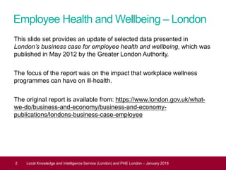 Employee Health and Wellbeing – London
This slide set provides an update of selected data presented in
London’s business case for employee health and wellbeing, which was
published in May 2012 by the Greater London Authority.
The focus of the report was on the impact that workplace wellness
programmes can have on ill-health.
The original report is available from: https://www.london.gov.uk/what-
we-do/business-and-economy/business-and-economy-
publications/londons-business-case-employee
Health and Work, July 2017
2 Local Knowledge and Intelligence Service (London) and PHE London – January 2018
 