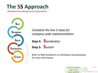 Insert company
logo in the
SLIDE MASTER
Workplace Housekeeping and Organisation
Sort
Straighten
Shine
Standardise
Sustain
Complete the last 2 steps for
company-wide implementation:
Step 4: Standardise
Step 5: Sustain
Refer to WSH Guidelines on Workplace Housekeeping
for more information.
The 5S Approach
22 / 42
 