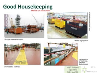 Insert company
logo in the
SLIDE MASTER
Good Housekeeping
Waste segregation
Demarcated walkway
Storage area demarcation
Segregation
of electrical,
gas and
water hoses
Marine (on board vessel)
Photo
credit:
Sempcorp
Marine
Ltd
29 / 42
 