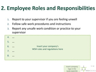 Insert company
logo in the
SLIDE MASTER
Insert your company’s
WSH rules and regulations here
1. Report to your supervisor if you are feeling unwell
2. Follow safe work procedures and instructions
3. Report any unsafe work condition or practice to your
supervisor
4. …
5. …
6. …
7. …
8. …
2. Employee Roles and Responsibilities
5 / 42
 