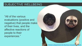 Britain’s Department for Business Innovation & Skills
“All of the various
evaluations (positive and
negative) that people make
of their lives, and the
affective reactions of
people to their
experiences.”
SUBJECTIVE WELLBEING
 