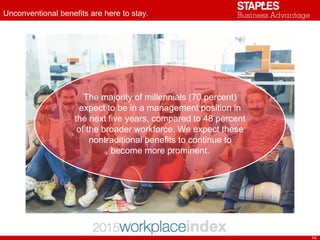Unconventional benefits are here to stay.
14
The majority of millennials (70 percent)
expect to be in a management position in
the next five years, compared to 48 percent
of the broader workforce. We expect these
nontraditional benefits to continue to
become more prominent.
 