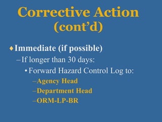 Corrective Action  (cont’d) Immediate (if possible) If longer than 30 days: Forward Hazard Control Log to: Agency Head Department Head ORM-LP-BR 