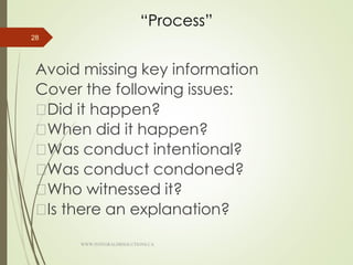 “Process”
Avoid missing key information
Cover the following issues:
Did it happen?
When did it happen?
Was conduct intentional?
Was conduct condoned?
Who witnessed it?
Is there an explanation?
28
WWW.INTEGRALHRSOLUTIONS.CA
 
