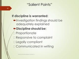 “Salient Points”
If discipline is warranted:
Investigation findings should be
adequately explained
Discipline should be:
Proportionate
Responsive to complaint
Legally compliant
Communicated in writing
41
WWW.INTEGRALHRSOLUTIONS.CA
 