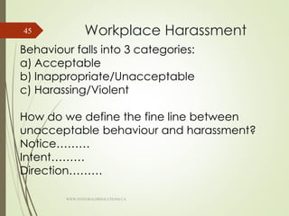 Workplace Harassment
Behaviour falls into 3 categories:
a) Acceptable
b) Inappropriate/Unacceptable
c) Harassing/Violent
How do we define the fine line between
unacceptable behaviour and harassment?
Notice………
Intent………
Direction………
WWW.INTEGRALHRSOLUTIONS.CA
45
 