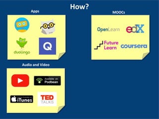 How?Apps
Audio and Video
MOOCs
 