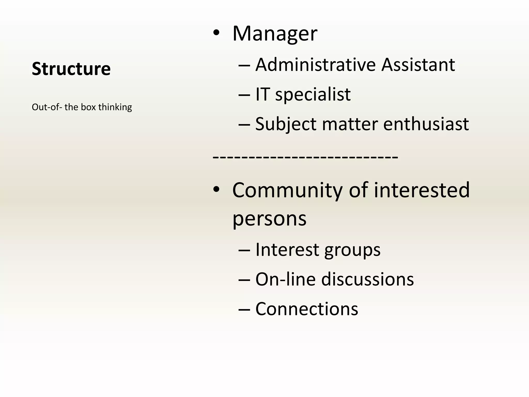 • Manager
Structure                    – Administrative Assistant
Out-of- the box thinking
                             – IT specialist
                             – Subject matter enthusiast
                           --------------------------
                           • Community of interested
                              persons
                             – Interest groups
                             – On-line discussions
                             – Connections
 