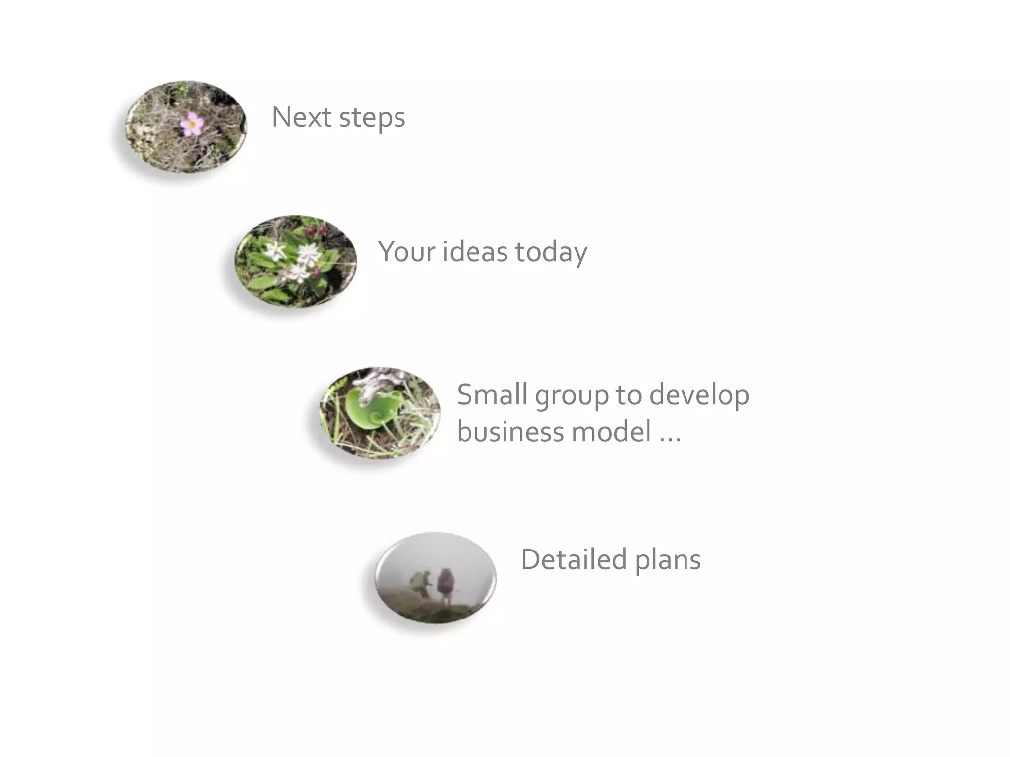 Next steps



       Your ideas today



             Small group to develop
             business model …



                 Detailed plans
 