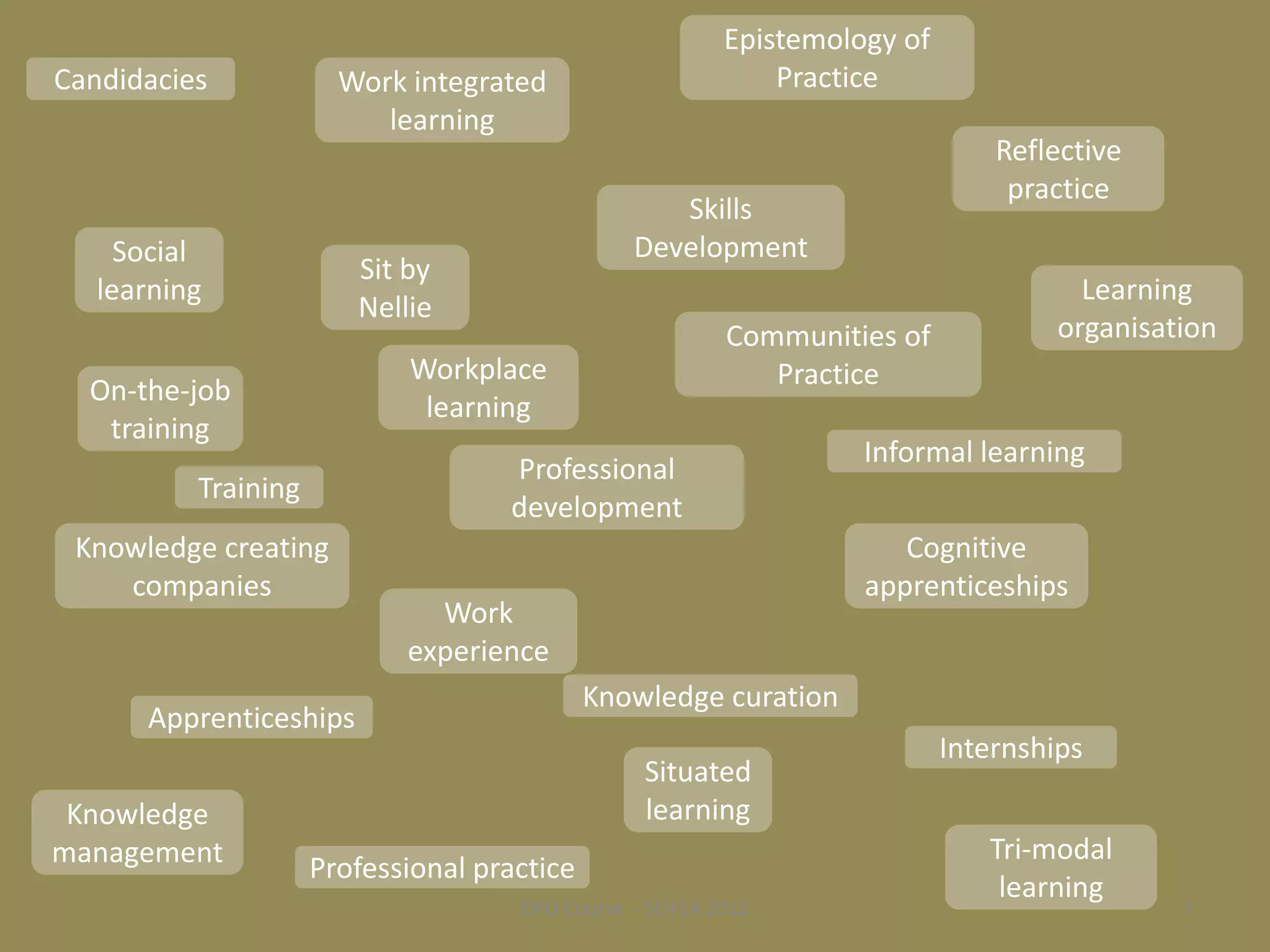 Epistemology of
Candidacies            Work integrated                        Practice
                          learning
                                                                                Reflective
                                                                                 practice
                                                   Skills
     Social                                     Development
                        Sit by
   learning                                                                            Learning
                        Nellie
                                                          Communities of             organisation
                            Workplace                        Practice
  On-the-job
                             learning
   training
                                                                    Informal learning
                                    Professional
          Training
                                    development
 Knowledge creating                                                    Cognitive
    companies                                                       apprenticeships
                              Work
                            experience
                                             Knowledge curation
      Apprenticeships
                                                                            Internships
                                                  Situated
 Knowledge                                        learning
management                                                                     Tri-modal
                     Professional practice
                                                                                learning
                                     OFO Course - SEIFSA 2012                                 7
 