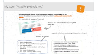 My story: “Actually, probably not.”
In a classroom-heavy solution, the big hairy problem is learning transfer back to the job.
In an on-the-job learning heavy solution, the big hairy problem is
.
(It is very close to our ‘apply phase’ challenge.)
That’s also what LinkedIn’s Workplace Learning 2018
Report says.
• Short – think minutes.
• Concrete – think specific for me and my situation
• Fun, sparking interest
• Easy to find – think embedded in daily tools you
already use
• Easy to use – think usability
• Give people ownership of their learning
Necessary, but insufficient
• Immediate need – think upcoming challenge
• Credential / certification – think badges
• Rewards – think points and gamification
• Social nudging – think recommendations and
comparison dashboards
• Compliance – think mandatory and monitored
• (to verify) Fear of Missing Out – think limited
time
People told us they’d only consider doing it if there is ‘skin in the game’.
 