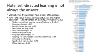 Note: self-directed learning is not
always the answer
• Works better if you already have a basis of knowledge
• John Hattie (800 meta-analysis on students and higher
education – 138 influences on learning, average d=+0.40)
• Student control over learning has an effect size of d= +0.04
• Distance education +0.09
• Problem-based learning +0.15
• Web-based learning +0.18
• Inductive teaching +0.33
• Direct instruction +0.59
• Cooperative learning +0.59
• Teaching self-verbalization and self-questionning: +0.64
• Reciprocal teaching +0.74
• Task feedack from teacher +0.74
• Micro-teaching: +0.88
 