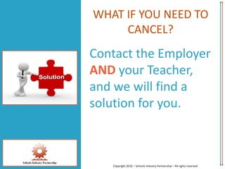 WHAT IF YOU NEED TO
CANCEL?
Contact the Employer
AND your Teacher,
and we will find a
solution for you.
Copyright 2016 – Schools Industry Partnership – All rights reserved
 
