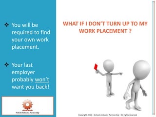 WHAT IF I DON’T TURN UP TO MY
WORK PLACEMENT ?
 You will be
required to find
your own work
placement.
 Your last
employer
probably won’t
want you back!
Copyright 2016 – Schools Industry Partnership – All rights reserved
 