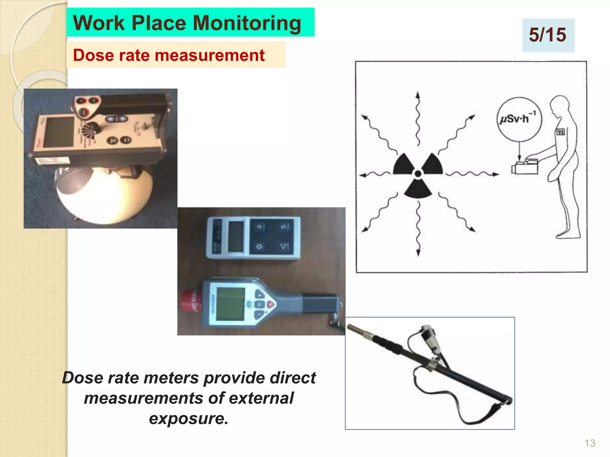 13
Work Place Monitoring
Dose rate meters provide direct
measurements of external
exposure.
Dose rate measurement
5/15
 