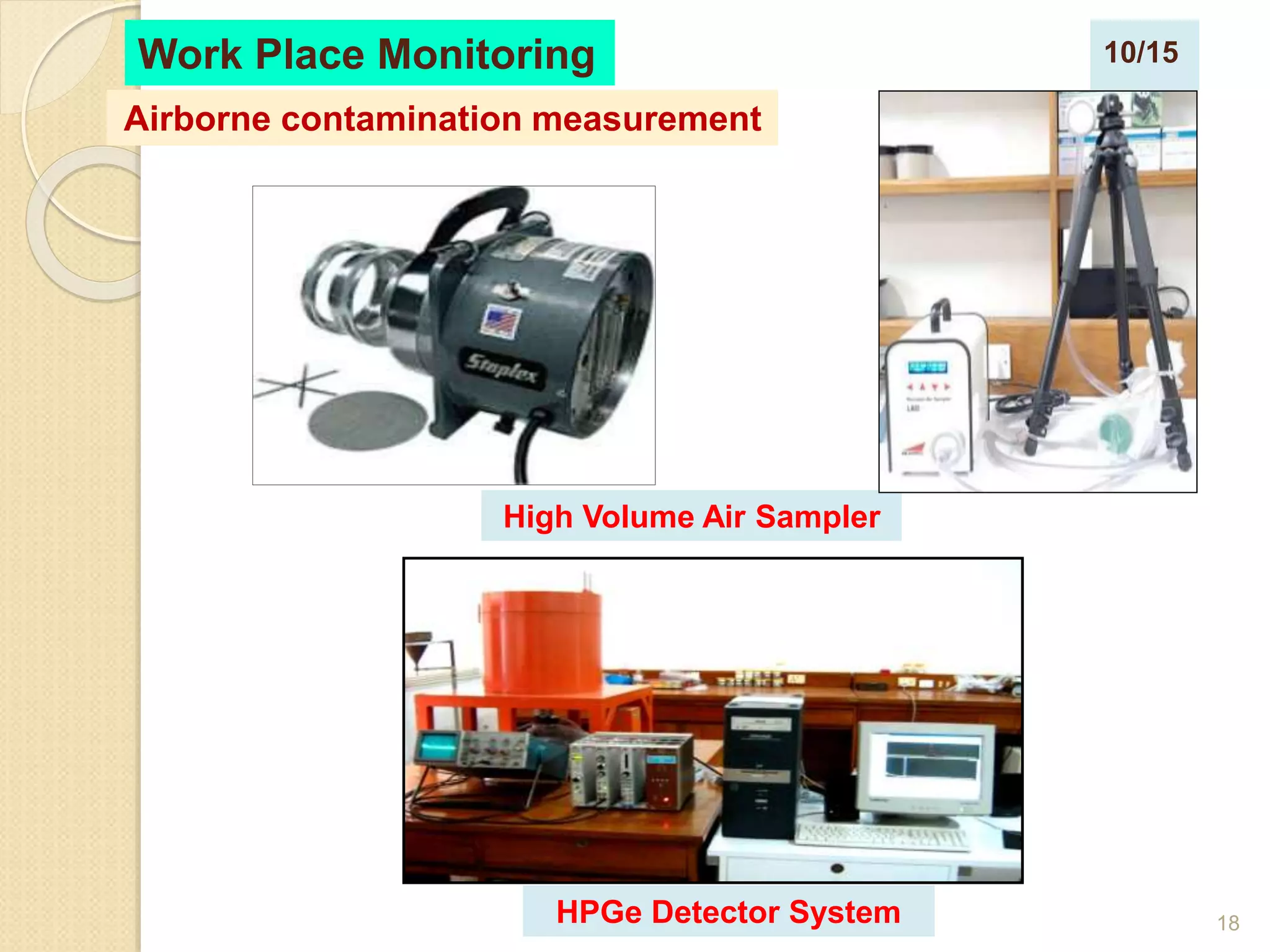 18
High Volume Air Sampler
HPGe Detector System
Airborne contamination measurement
Work Place Monitoring 10/15
 