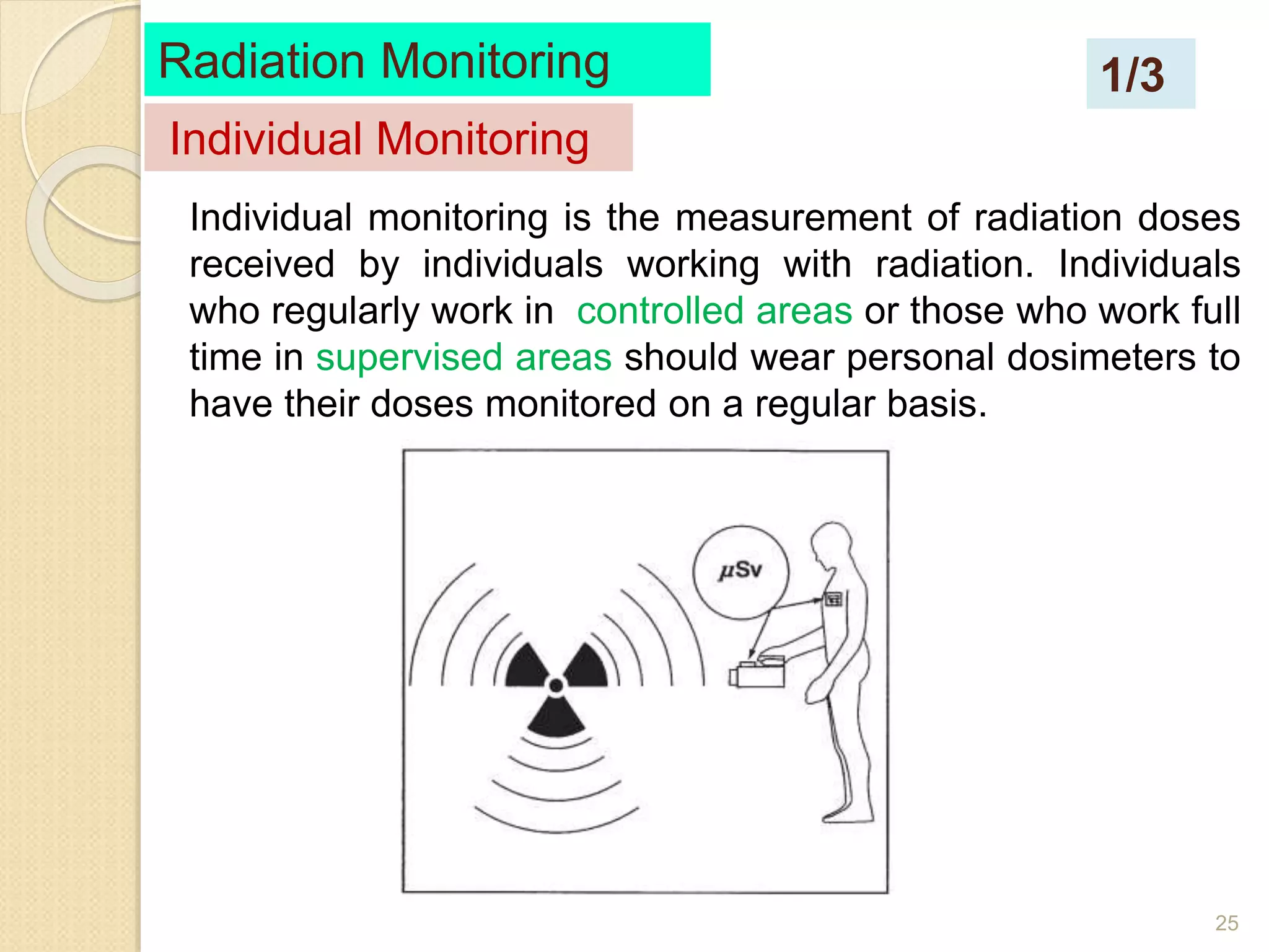 25
Individual monitoring is the measurement of radiation doses
received by individuals working with radiation. Individuals
who regularly work in controlled areas or those who work full
time in supervised areas should wear personal dosimeters to
have their doses monitored on a regular basis.
Radiation Monitoring
Individual Monitoring
1/3
 
