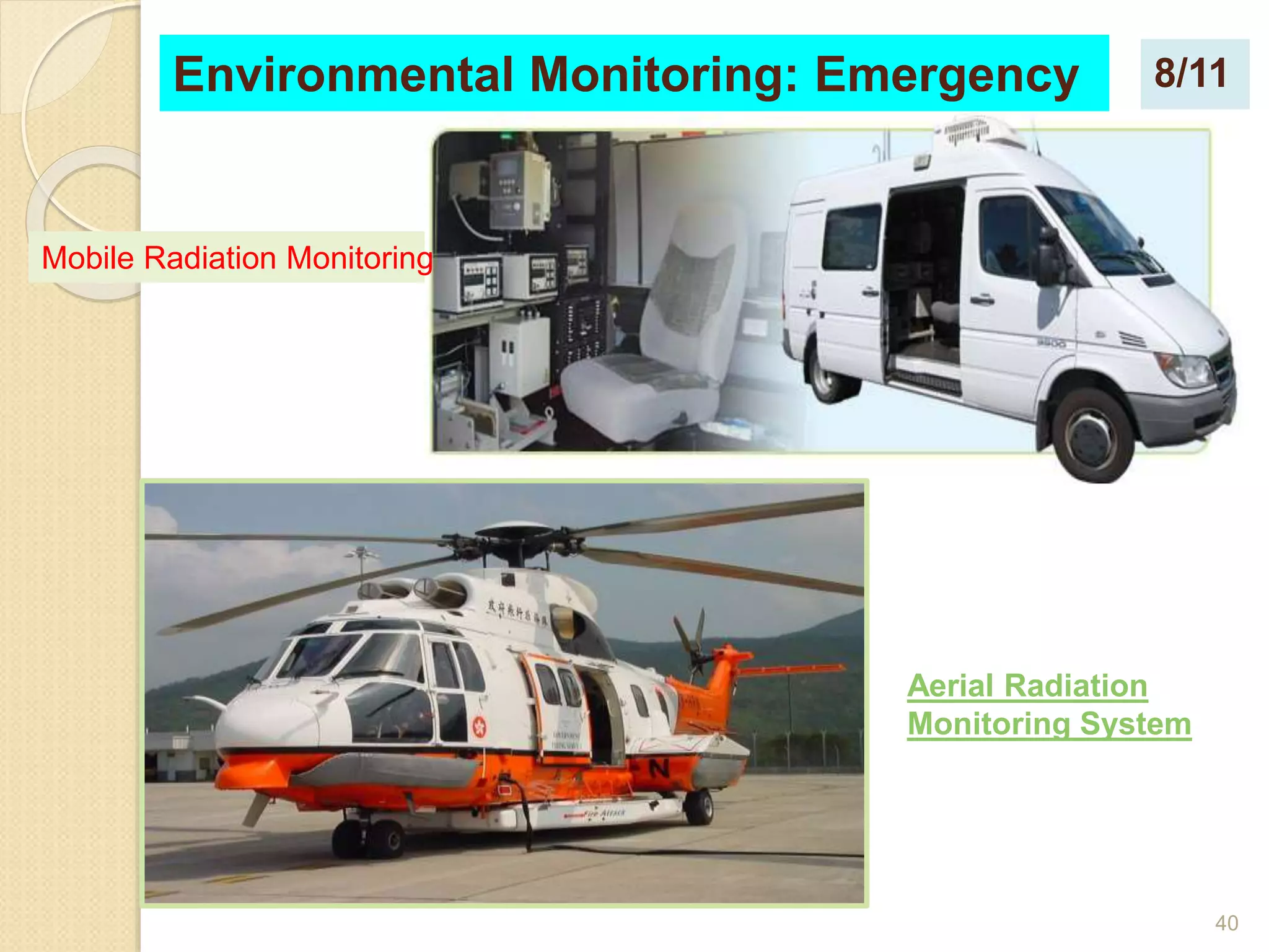 40
Environmental Monitoring: Emergency
Mobile Radiation Monitoring
Aerial Radiation
Monitoring System
8/11
 