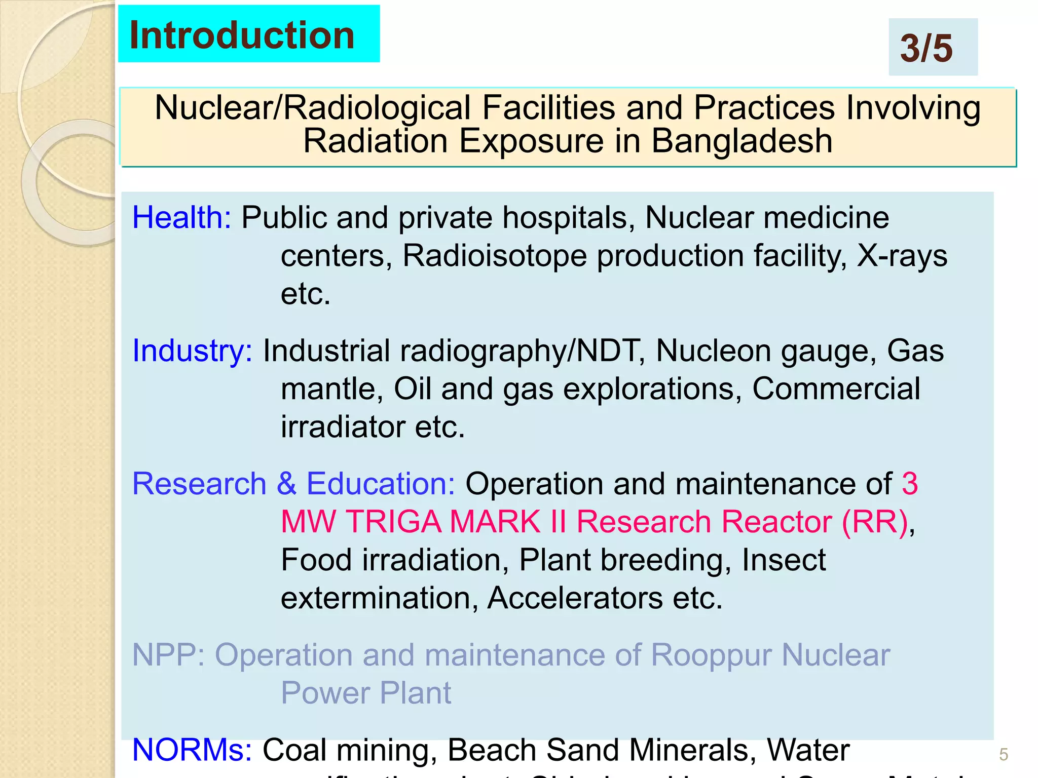 5
Health: Public and private hospitals, Nuclear medicine
centers, Radioisotope production facility, X-rays
etc.
Industry: Industrial radiography/NDT, Nucleon gauge, Gas
mantle, Oil and gas explorations, Commercial
irradiator etc.
Research & Education: Operation and maintenance of 3
MW TRIGA MARK II Research Reactor (RR),
Food irradiation, Plant breeding, Insect
extermination, Accelerators etc.
NPP: Operation and maintenance of Rooppur Nuclear
Power Plant
NORMs: Coal mining, Beach Sand Minerals, Water
Nuclear/Radiological Facilities and Practices Involving
Radiation Exposure in Bangladesh
Introduction 3/5
 