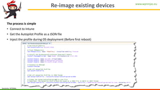 www.wpninjas.eu
Sensitivity: INTERNAL
Re-image existing devices
The process is simple
• Connect to Intune
• Get the Autopilot Profile as a JSON file
• Inject the profile during OS deployment (Before first reboot)
 