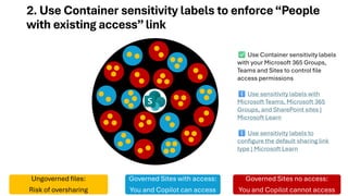 2. Use Container sensitivity labels to enforce“People
with existing access”link
Ungoverned files:
Risk of oversharing
Governed Sites with access:
You and Copilot can access
Governed Sites no access:
You and Copilot cannot access
Use Container sensitivity labels
with your Microsoft 365 Groups,
Teams and Sites to control file
access permissions
Use sensitivity labels with
Microsoft Teams, Microsoft 365
Groups, and SharePoint sites |
Microsoft Learn
Use sensitivity labels to
configure the default sharing link
type | Microsoft Learn
 