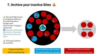 Archive
7. Archive your inactive Sites
Ungoverned files:
Risk of oversharing
Governed Sites with access:
You and Copilot can access
Governed Sites no access:
You and Copilot cannot access
Microsoft 365 Archive
is charged per-GB once
the total SharePoint
storage used.
There is also a charge to
restore site
Overview of Microsoft
365 Archive - Microsoft
365 Archive | Microsoft
Learn
Third-party options
are available.
 