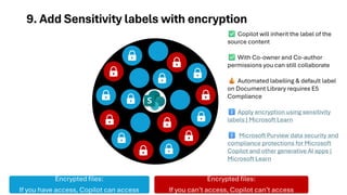 9. Add Sensitivity labels with encryption
Encrypted files:
If you have access, Copilot can access
Encrypted files:
If you can’t access, Copilot can’t access
Copilot will inherit the label of the
source content
With Co-owner and Co-author
permissions you can still collaborate
Automated labelling & default label
on Document Library requires E5
Compliance
Apply encryption using sensitivity
labels | Microsoft Learn
Microsoft Purview data security and
compliance protections for Microsoft
Copilot and other generative AI apps |
Microsoft Learn
 
