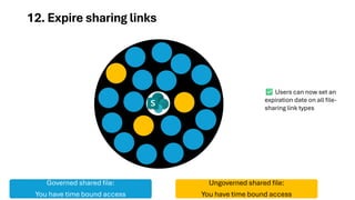 12. Expire sharing links
Governed shared file:
You have time bound access
Ungoverned shared file:
You have time bound access
Users can now set an
expiration date on all file-
sharing link types
 