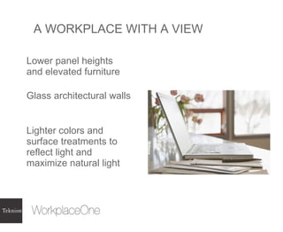 A WORKPLACE WITH A VIEW Lower panel heights and elevated furniture Glass architectural walls  Lighter colors and surface treatments to reflect light and maximize natural light 