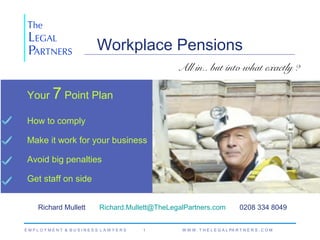 Workplace Pensions
All in.. but into what exactly ??
Your 7 Point Plan
How to comply
Make it work for your business
Avoid big penalties
Get staff on side
Richard Mullett

Richard.Mullett@TheLegalPartners.com

EMPLOYMENT & BUSINESS LAWYERS

1

0208 334 8049

W W W . T H E L E G A L PA R T N E R S . C O M

 