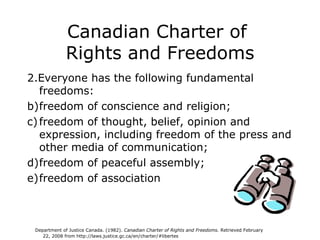 Canadian Charter of  Rights and Freedoms 2.Everyone has the following fundamental freedoms: freedom of conscience and religion; freedom of thought, belief, opinion and  expression, including freedom of the press and other media of communication; freedom of peaceful assembly; freedom of association Department of Justice Canada. (1982).  Canadian Charter of Rights and Freedoms.  Retrieved February  22, 2008 from  http://laws.justice.gc.ca/en/charter/#libertes 