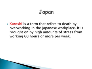  Karoshi is a term that refers to death by 
overworking in the Japanese workplace. It is 
brought on by high amounts of stress from 
working 60 hours or more per week. 
 