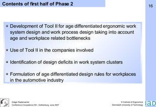 Contents of first half of Phase 2 Development of Tool II for age differentiated ergonomic work system design and work process design taking into account age and workplace related bottlenecks Use of Tool II in the companies involved Identification of design deficits in work system clusters Formulation of age differentiated design rules for workplaces in the automotive industry 
