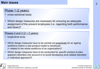 Phase 1 (2 years):   cross-sectional study Which design measures are necessary for ensuring an adequate assignment of the  present  employees (i.e. regarding both performance and strain)? Phases 2 and 3 (2 + 2 years):   longitudinal study Which design measures have to be carried out  proactively  for an ageing workforce  before  a new product model is introduced (= related to the whole workforce of an organization)? Which design measures have to be conducted for  specific  workers to take apparent disorders into account or to avoid developing work-related disorders (= individual approach)? Main issues 