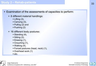 Study 2 – Rehab-patients Examination of the assessments of capacities to perform: 8 different material handlings: Lifting (3), Carrying (3), Pulling (2) and Pushing (2) 16 different body postures: Standing (4), Sitting (3), Kneeing (1), Crouching (1), Walking (4), Forced postures (head, neck) (1), Overhead work (1) etc. 