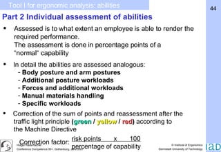Assessed is to what extent an employee is able to render the required performance. The assessment is done in percentage points of a “normal“ capability Part 2 Individual assessment of abilities In detail the abilities are assessed analogous: Body posture and arm postures Additional posture workloads Forces and additional workloads Manual materials handling Specific workloads Correction of the sum of points and reassessment after the   traffic light principle  ( green  /  yellow  /  red )  according to    the Machine Directive Tool I for ergonomic analysis: abilities risk points  x  100 percentage of capability Correction factor: 