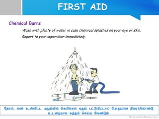 Chemical Burns
Wash with plenty of water in case chemical splashes on your eye or skin.
Report to your supervisor immediately.
Njhy;> fz; cs;spl;l gFjpapy; nfkpf;fy; VJk; gl;Ltpl;lhy; NghJkhd ePiuf;nfhz;L
cldbahf Rj;jk; nra;a Ntz;Lk;.
 