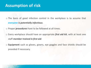 o The basis of good infection control in the workplace is to assume that
everyone is potentially infectious.
o Proper procedures have to be followed at all times.
o Every workplace should have an appropriate first aid kit, with at least one
staff member trained in first aid.
o Equipment such as gloves, gowns, eye goggles and face shields should be
provided if necessary.
Assumption of risk
 