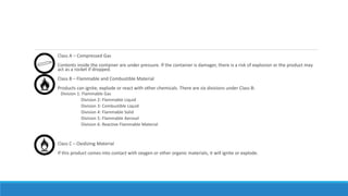 Class A – Compressed Gas
Contents inside the container are under pressure. If the container is damager, there is a risk of explosion or the product may
act as a rocket if dropped.
Class B – Flammable and Combustible Material
Products can ignite, explode or react with other chemicals. There are six divisions under Class B:
Division 1: Flammable Gas
Division 2: Flammable Liquid
Division 3: Combustible Liquid
Division 4: Flammable Solid
Division 5: Flammable Aerosol
Division 6: Reactive Flammable Material
Class C – Oxidizing Material
If this product comes into contact with oxygen or other organic materials, it will ignite or explode.
 