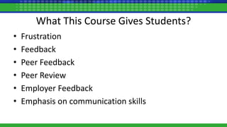 What This Course Gives Students?
• Frustration
• Feedback
• Peer Feedback
• Peer Review
• Employer Feedback
• Emphasis on communication skills
 