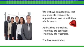 We wish we could tell you that
our students embrace this
approach and love us with their
whole hearts.
At first they are excited.
Then they are confused.
Then they are frustrated.
The love comes later.
 