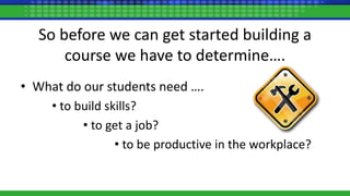 So before we can get started building a
course we have to determine….
• What do our students need ….
• to build skills?
• to get a job?
• to be productive in the workplace?
 