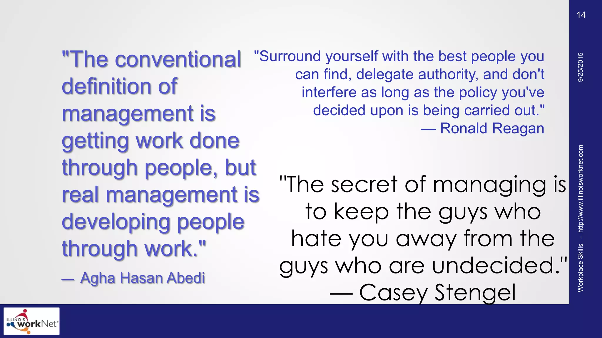 "The conventional
definition of
management is
getting work done
through people, but
real management is
developing people
through work."
— Agha Hasan Abedi
"Surround yourself with the best people you
can find, delegate authority, and don't
interfere as long as the policy you've
decided upon is being carried out."
— Ronald Reagan
"The secret of managing is
to keep the guys who
hate you away from the
guys who are undecided."
— Casey Stengel
9/25/2015WorkplaceSkills-http://www.illinoisworknet.com
14
 